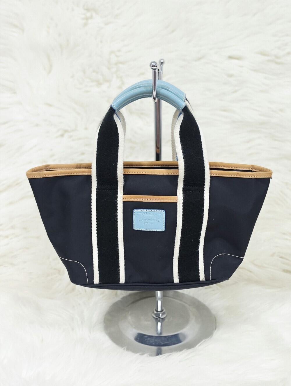 Coach Mini Tote Bag Black Nylon Leather Trim Striped Handles Purse